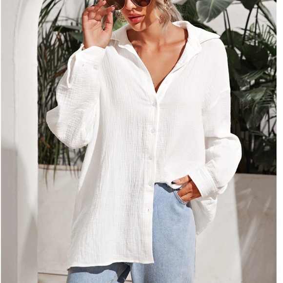 Cotton White Casual Shirt Button Down Up Long Sleeve - Picture 8 of 13